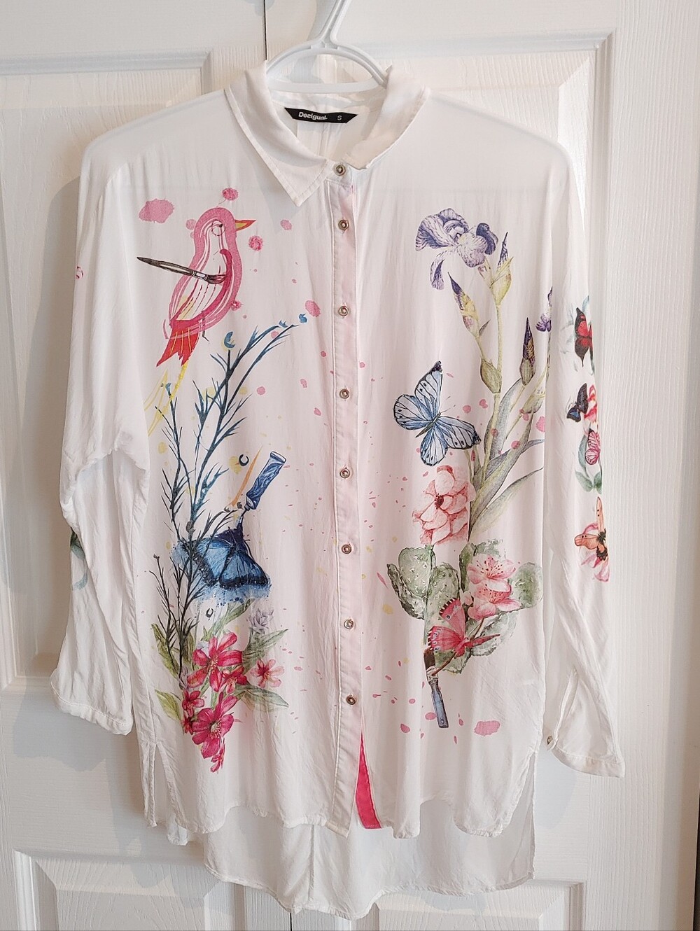Desigual Patrice Artist Watercolour Bird Butterfly Floral Button Blouse. Size S